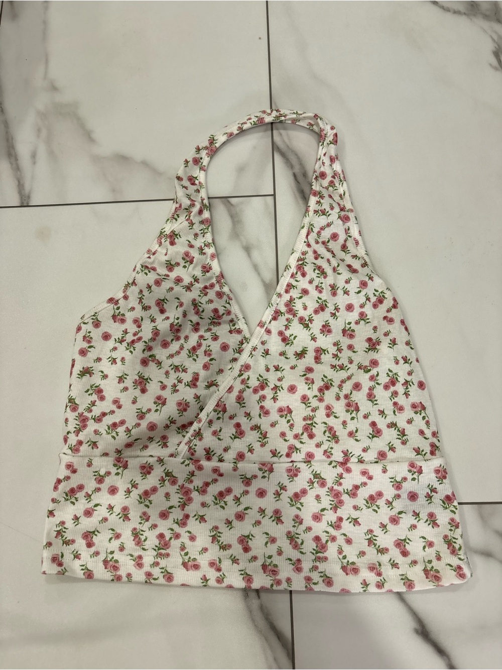 Floral Wrap Halter Tank Top in White with Pink Roses